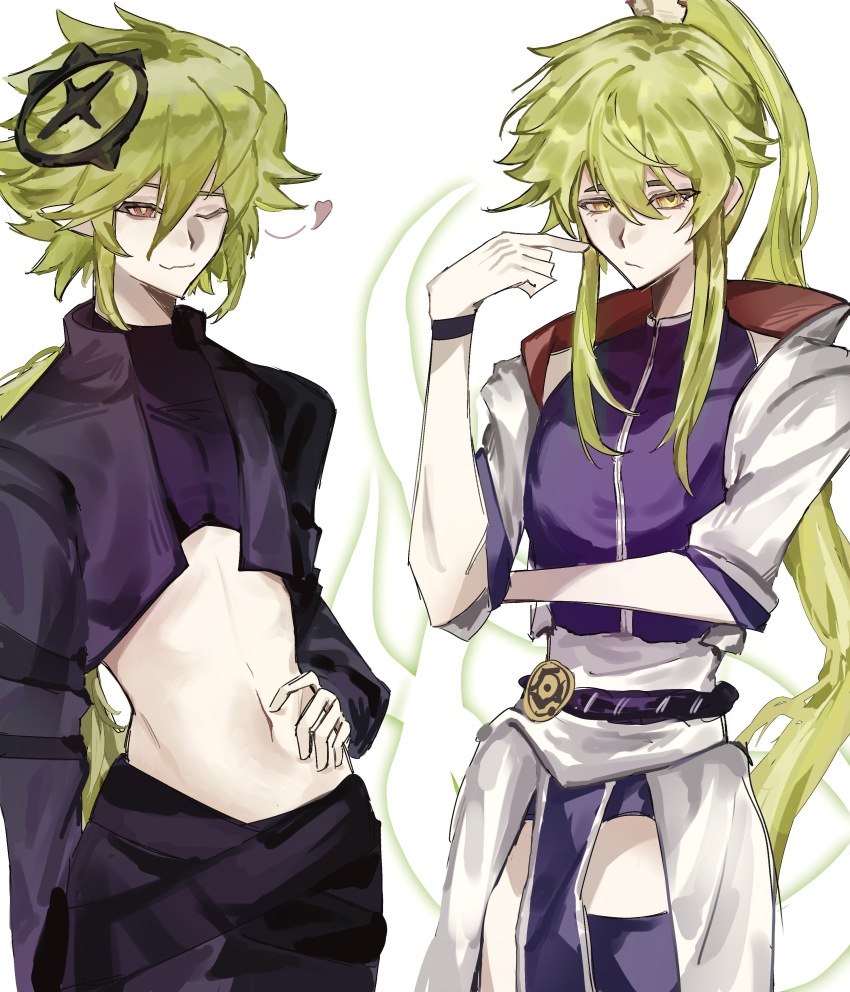 2boys, absurdres, aotu_world, asymmetrical_legwear, belt, black_belt, black_jacket, black_pants, black_shirt, bracelet, chinese_clothes, chinese_commentary, closed_mouth, crop_top, cropped_jacket, crossover, dongfang_wuqiong, green_hair, hair_between_eyes, halo, hand_on_own_hip, hand_up, hanfu, heart, high_ponytail, highres, hood, hood_down, hooded_jacket, jacket, jewelry, long_hair, long_sleeves, looking_at_viewer, low_ponytail, male_focus, midriff, mingzi77197, multicolored_eyes, multiple_boys, navel, one_eye_closed, pants, pelvic_curtain, pointing, pointing_at_self, pointy_ears, ponytail, purple_belt, purple_shirt, purple_shorts, purple_thighhighs, red_eyes, sash, shirt, shorts, side_slit, sidelocks, simple_background, single_thighhigh, sleeveless, sleeveless_shirt, sleeves_rolled_up, smile, stomach, thighhighs, white_background, white_hanfu, white_jacket, white_sash, wo_jia_da_shixiong_naozi_you_keng, xander_(aotu_world), xiao_guan_(headdress), yellow_eyes, yellow_pupils