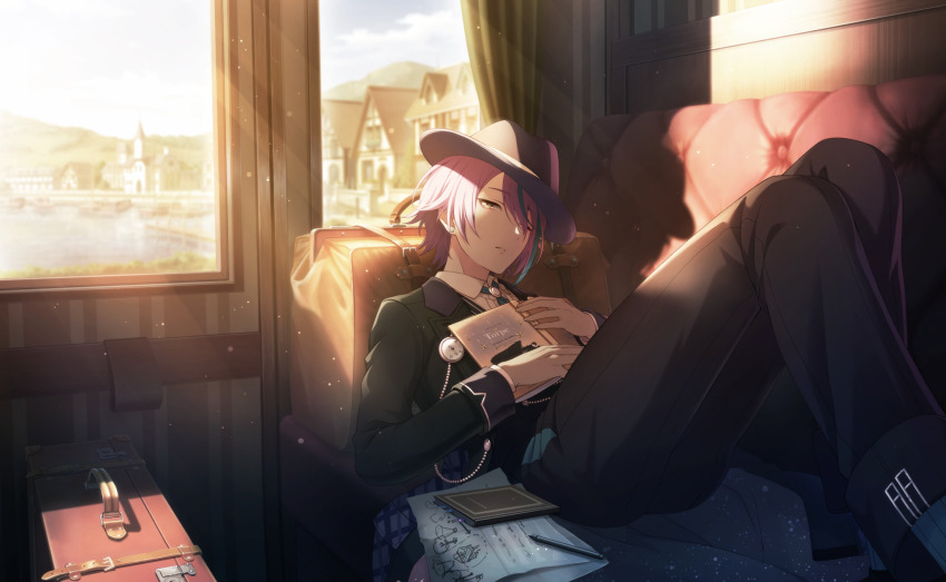 1boy, black_hat, black_jacket, black_pants, blue_hair, book, building, cloud