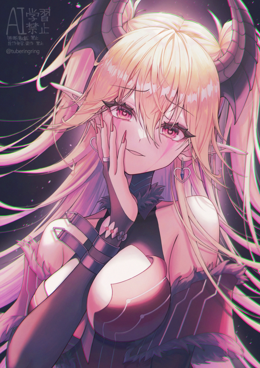 1girl, bare_shoulders, breasts, cleavage, demon_girl, demon_horns, dress, duel_monster