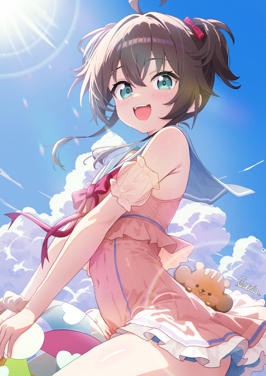 1girl, absurdres, ahoge, ball, beachball, blue_sailor_collar, blue_sky, brown_hair, chest_bow, cloud, covered_navel, crossed_bangs, cumulonimbus_cloud, curio_(curiofinity), day, frilled_one-piece_swimsuit, frills, hair_between_eyes, highres, holding, holding_ball, holding_beachball, hololive, hololive_dev_is, looking_at_viewer, matsurisu, natsuiro_matsuri, natsuiro_matsuri_(holonatsu_paradise), official_alternate_costume, official_alternate_hairstyle, one-piece_swimsuit, open_mouth, outdoors, pink_one-piece_swimsuit, sailor_collar, scrunchie, short_hair_with_long_locks, short_twintails, sidelocks, sky, swimsuit, teeth, twintails, upper_teeth_only, virtual_youtuber, wrist_scrunchie