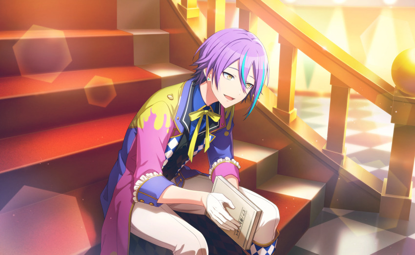 1boy, :d, black_vest, blue_hair, blue_shirt, book, checkered_floor, coat