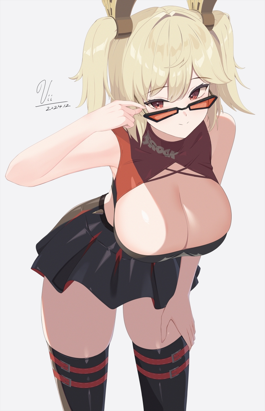 1girl, absurdres, adjusting_eyewear, belt, black_skirt, black_thighhighs, blonde_hair, breasts