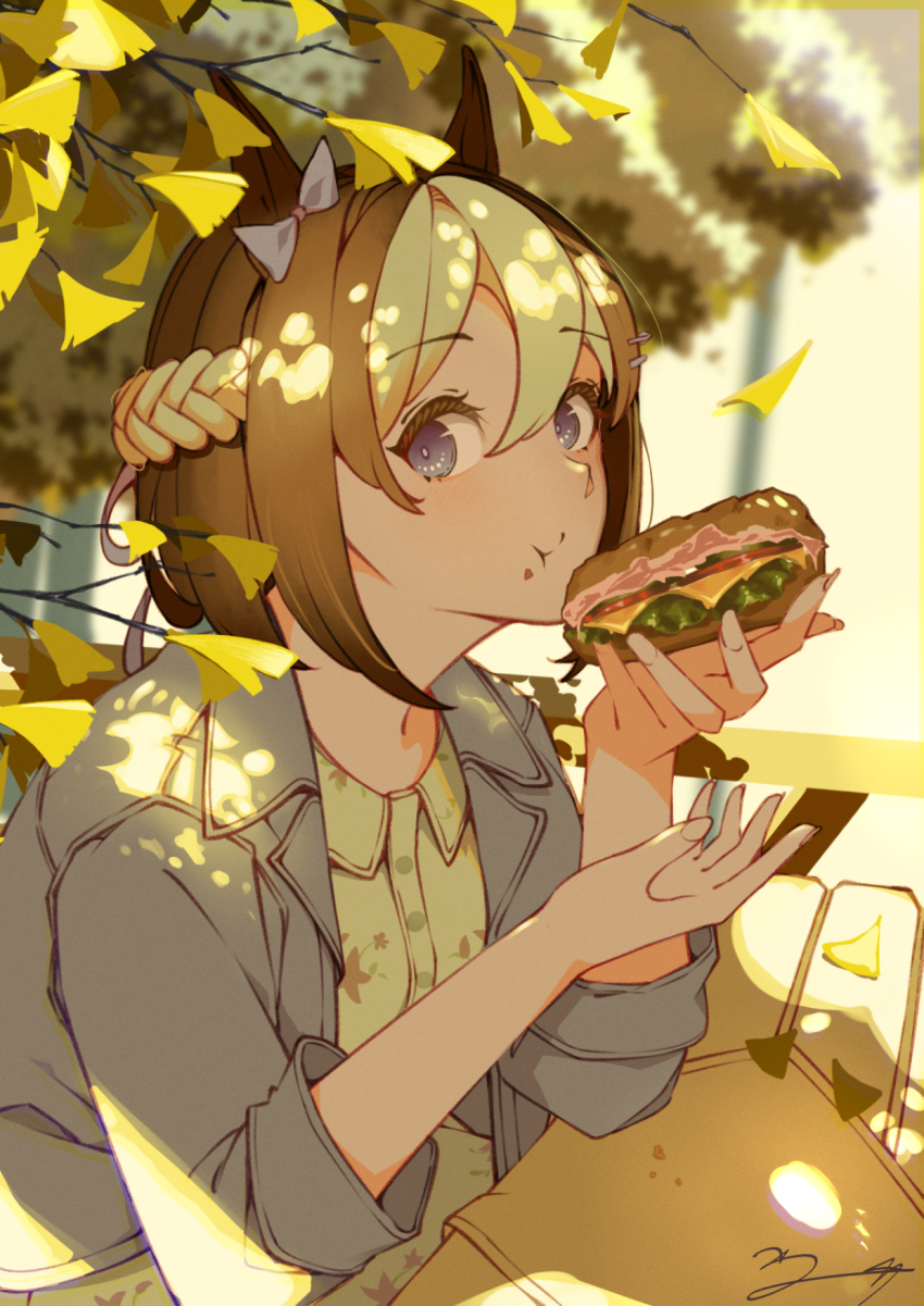 1girl, :t, animal_ears, blue_bow, blue_eyes, blue_jacket, bow, braid, brown_hair, casual, closed_mouth, collared_dress, denim, denim_jacket, dress, eating, floral_print, floral_print_dress, food, food_on_face, ginkgo_leaf, hair_between_eyes, hair_bow, hair_ornament, hairclip, half_up_braid, hands_up, hashtag-only_commentary, highres, holding, holding_food, holding_sandwich, horse_ears, horse_girl, jacket, leaf, looking_at_viewer, multicolored_hair, napkin, open_clothes, open_jacket, outdoors, print_dress, sandwich, shikahisa_totani, signature, solo, special_week_(umamusume), table, tree, tree_shade, two-tone_hair, umamusume, white_dress, white_hair, wooden_table, yellow_leaf
