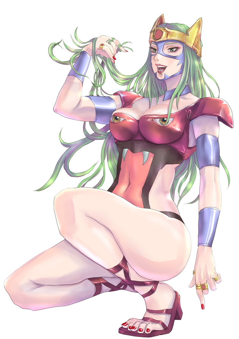 1girl, armlet, armor, between_breasts, breasts, brown_sandals, crown, detached_sleeves