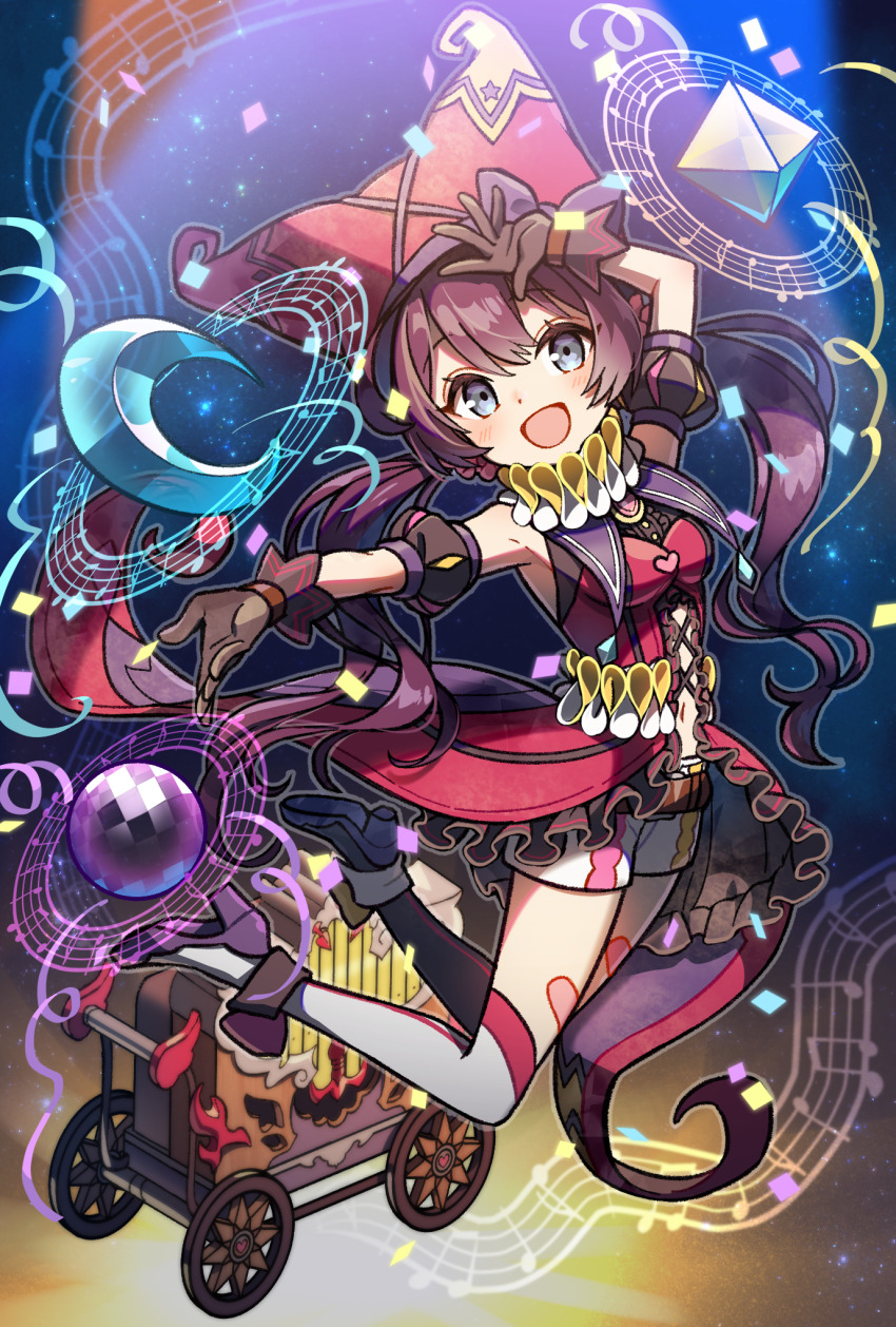 1girl, :d, arm_up, bandaid, bandaid_on_leg, bare_shoulders, black_gloves, black_sleeves, blue_eyes, blush, boots, brown_hair, commentary_request, detached_sleeves, disco_ball, full_body, gloves, hat, high_heel_boots, high_heels, highres, long_hair, looking_at_viewer, megido72, musical_staff, navel, neck_ruff, nybbas_(megido72), open_mouth, outline, outstretched_arm, puffy_detached_sleeves, puffy_sleeves, red_hat, red_shirt, shirt, shorts, shuu_(syuuuuuuuuuu), sleeveless, sleeveless_shirt, smile, solo, thighhighs, twintails, white_boots, white_shorts, white_thighhighs