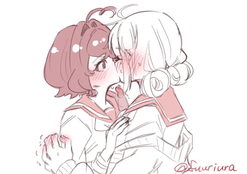 2girls, ahoge, araga_kiwi, blush, chinese_commentary, commentary_request, double_bun, ear_blush