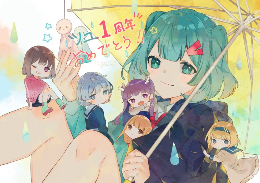 6+girls, ankle_boots, anniversary, ano_yo_iki_no_bus_ni_notte_saraba, aqua_eyes, aqua_hair, arm_up, bad_id