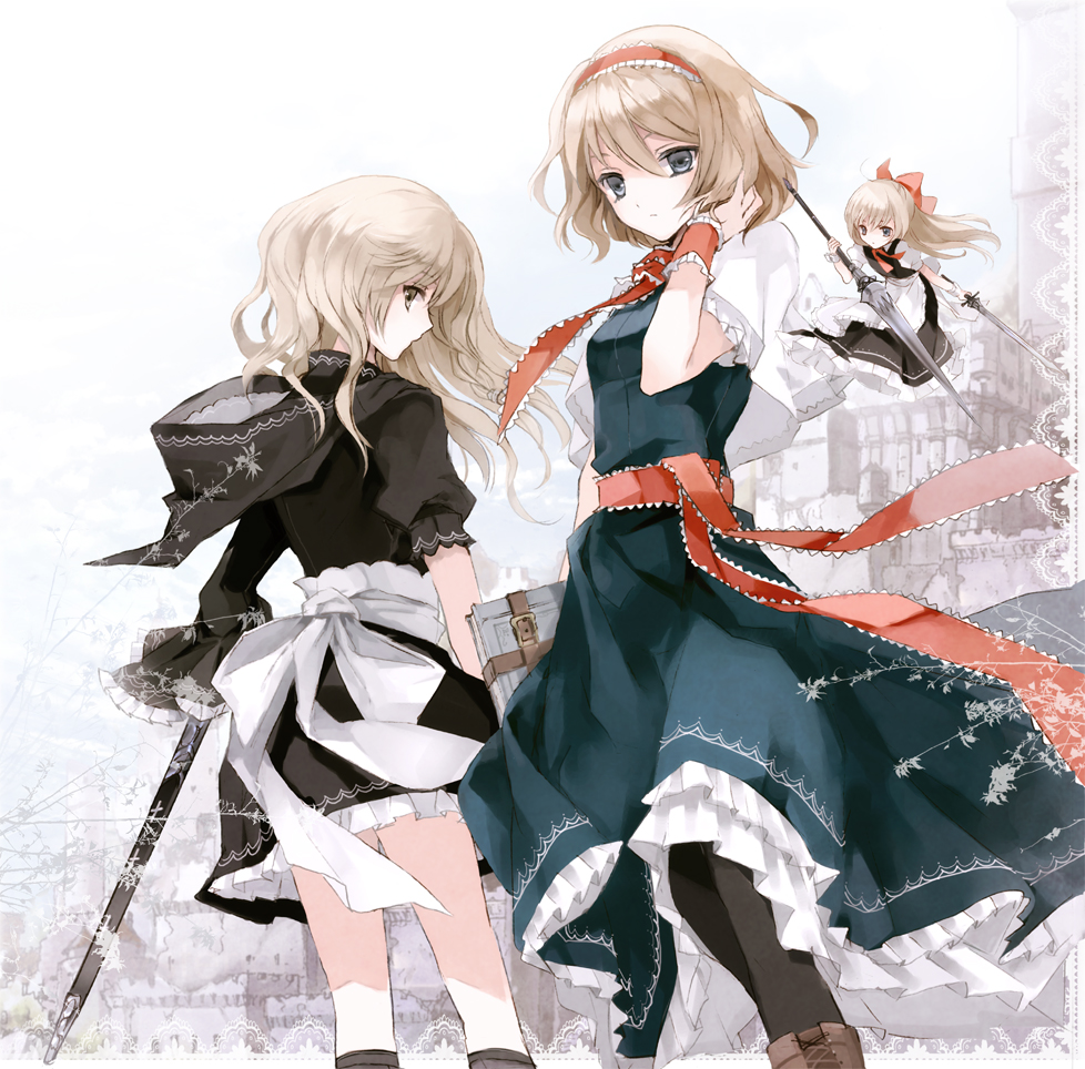 2girls, adapted_costume, alice_margatroid, bad_id, bad_pixiv_id, black_legwear, blonde_hair, book, capelet, cierra_(ra-bit), dress, dual_wielding, female_focus, hairband, holding, hood, kirisame_marisa, lance, lemona, long_hair, looking_back, multiple_girls, pantyhose, polearm, sash, scabbard, shanghai_doll, sheath, short_hair, sword, touhou, weapon, wrist_cuffs