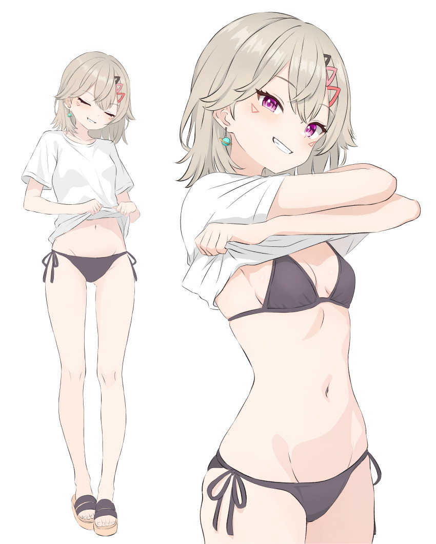1girl, absurdres, bikini, black_bikini, blonde_hair, blush, breasts, closed_eyes