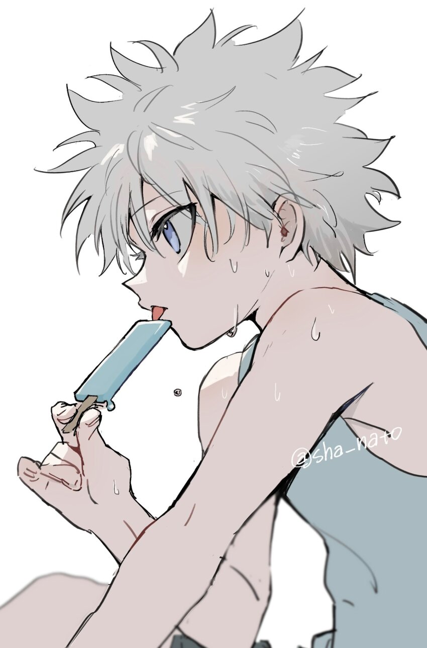 1boy, bare_shoulders, blue_eyes, commentary_request, eyelashes, food, highres, holding