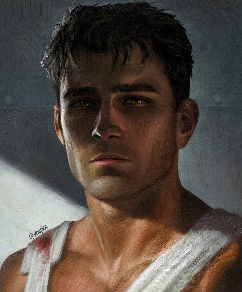 1boy, absurdres, arcane:_league_of_legends, arcane_jayce, bandaged_chest, bandages, blood, bloody_bandages