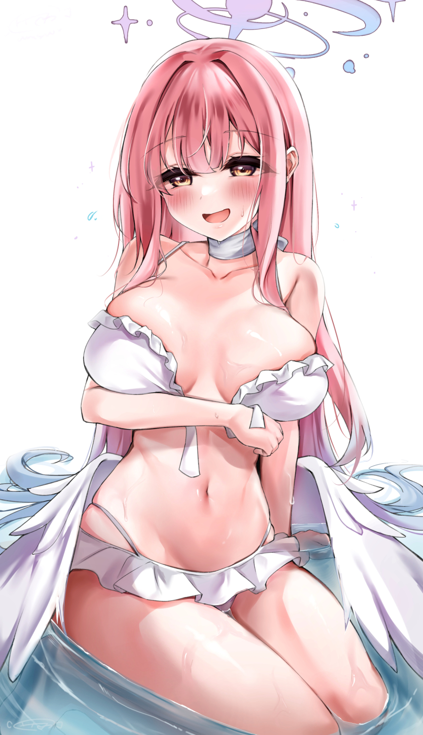 1girl, aamesawaa, angel_wings, bare_shoulders, bikini, blue_archive, blush, breasts