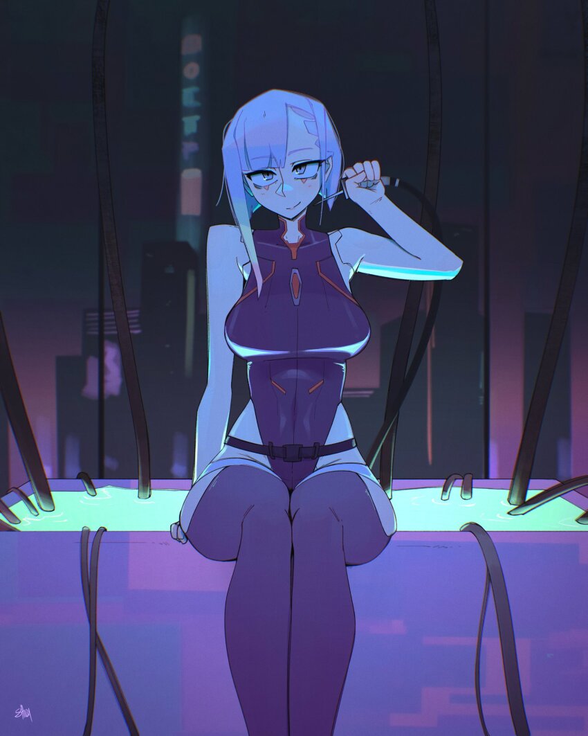 1girl, asymmetrical_bangs, bare_arms, bare_shoulders, bathtub, black_leotard, breasts, cable