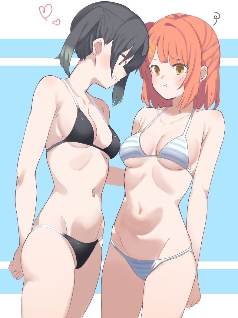 2girls, bikini, black_bikini, black_hair, blue_bikini, breasts, colored_tips, commentary_request