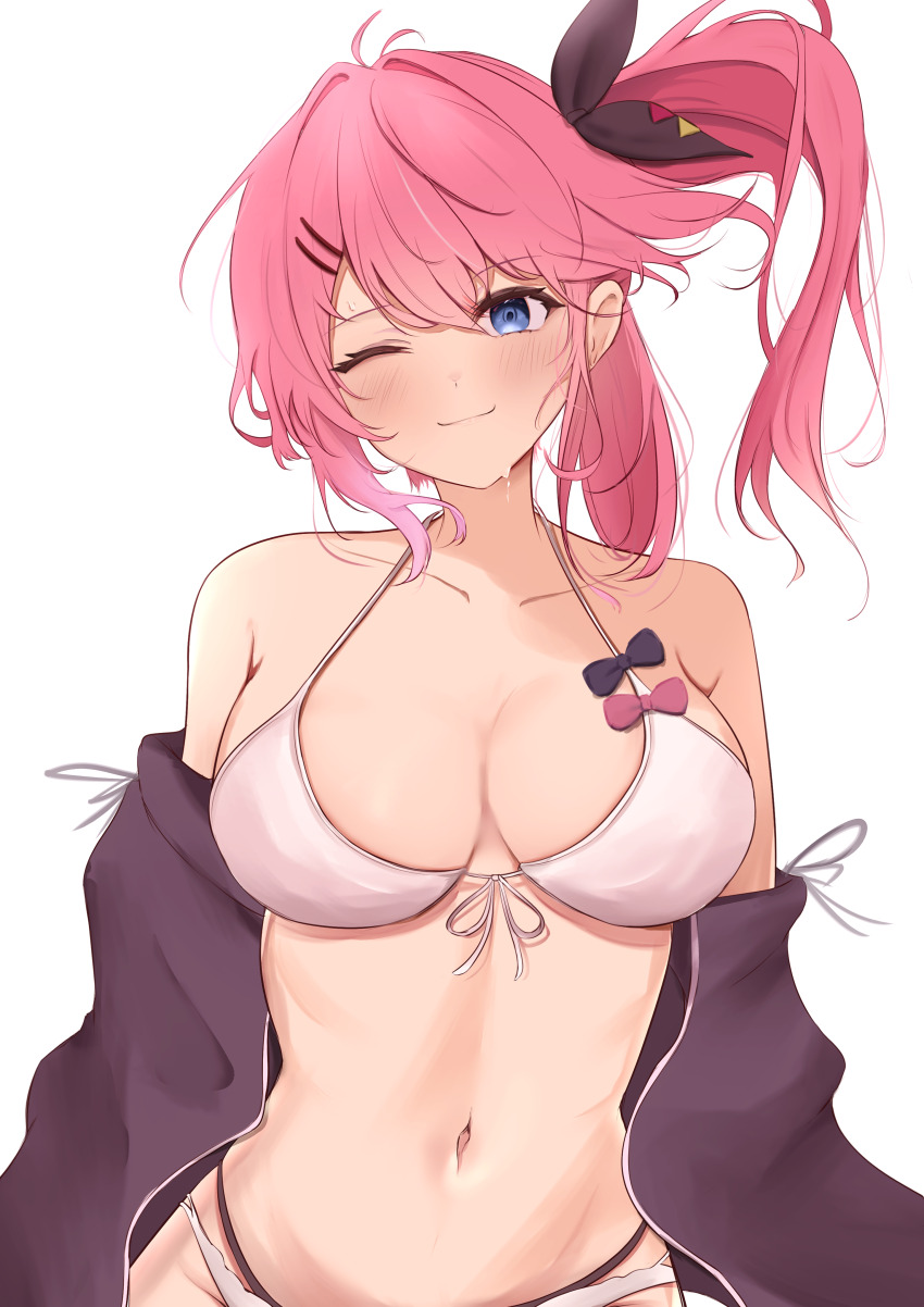1girl, absurdres, bare_shoulders, bikini, black_bow, black_jacket, black_ribbon, blue_eyes