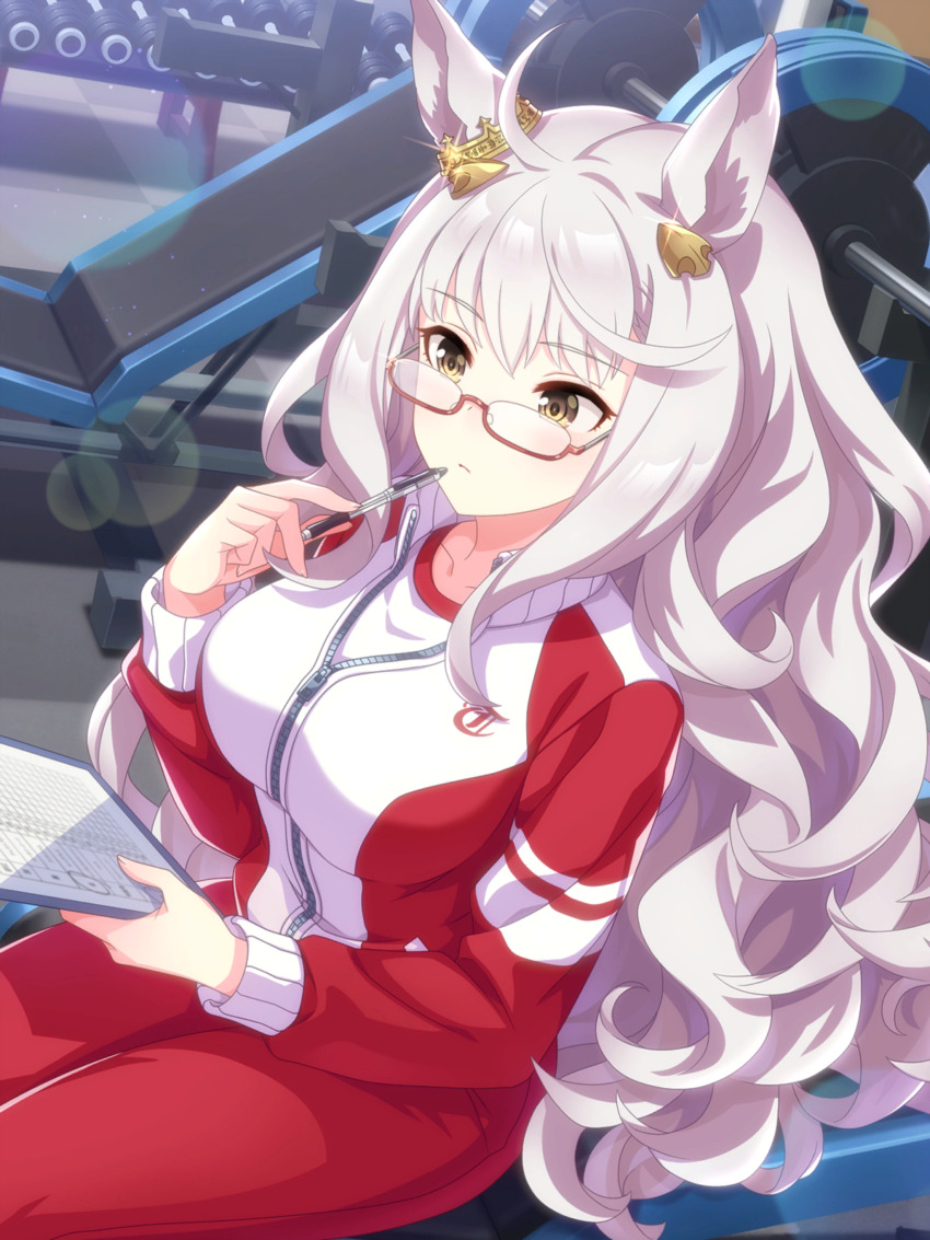 1girl, absurdres, ahoge, animal_ears, artist_request, biwa_hayahide_(umamusume), breasts, brown_eyes, clipboard, closed_mouth, collarbone, cowboy_shot, crest, crown, expressionless, eyelashes, fitness_gym, game_cg, glasses, gold_crown, grey_hair, hair_ornament, highres, holding, holding_clipboard, holding_pen, horse_ears, horse_girl, indoors, large_breasts, light_blush, light_frown, light_particles, light_rays, long_hair, long_sleeves, loose_hair_strand, mini_crown, object_to_mouth, official_art, on_bench, pen, reading, red-framed_eyewear, red_track_suit, shirt, sitting, solo, sparkle, tracen_training_uniform, track_suit, tsurime, umamusume, very_long_hair, wavy_hair, weight, weight_bench, white_shirt