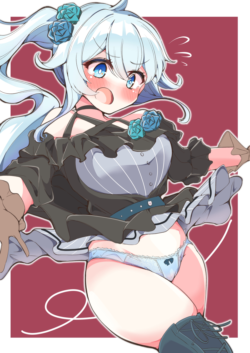 absurdres, belt, black_boots, black_dress, blue_belt, blue_eyes, blue_flower, blue_hair