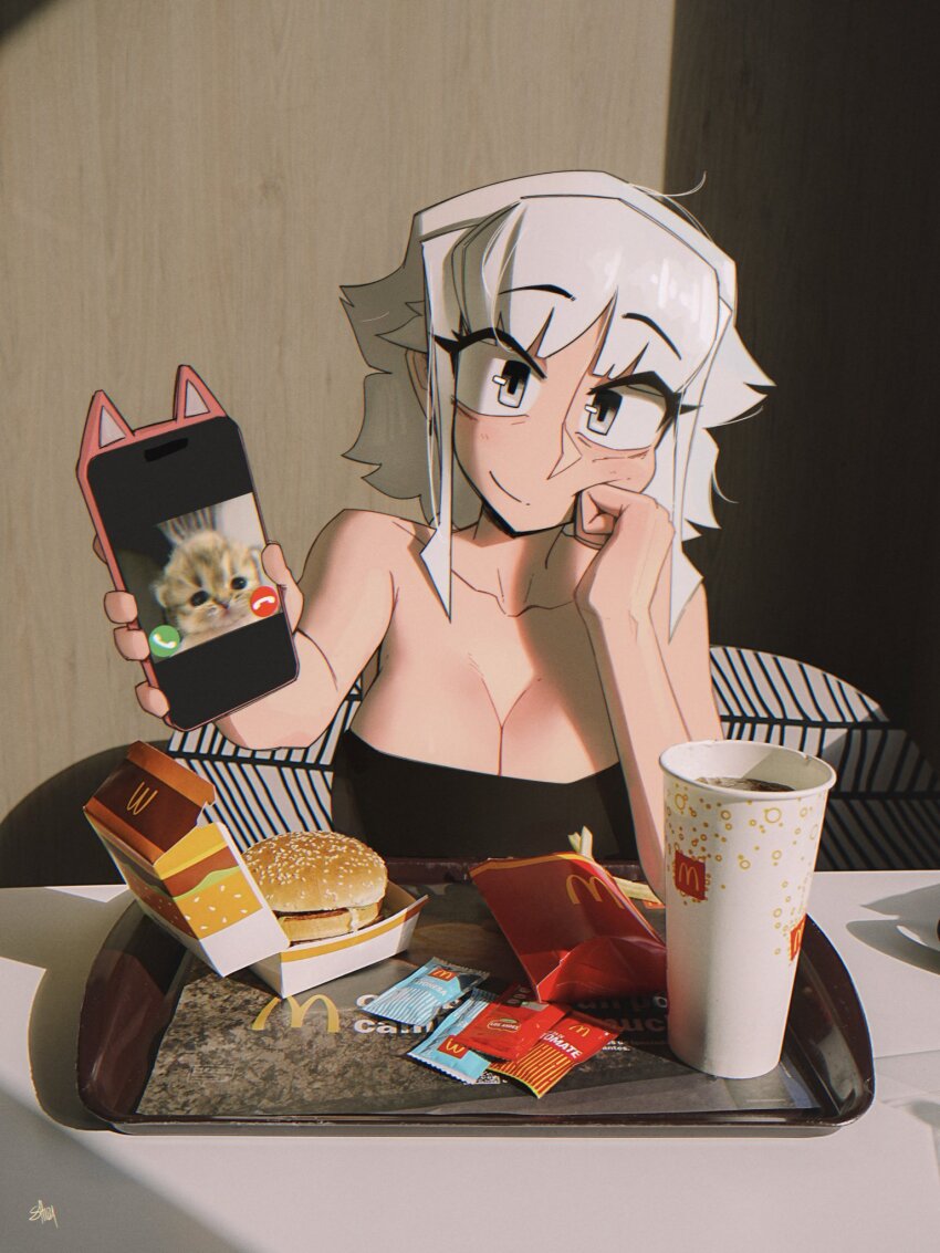 1girl, bare_arms, bare_shoulders, black_dress, breasts, burger, cellphone, cleavage