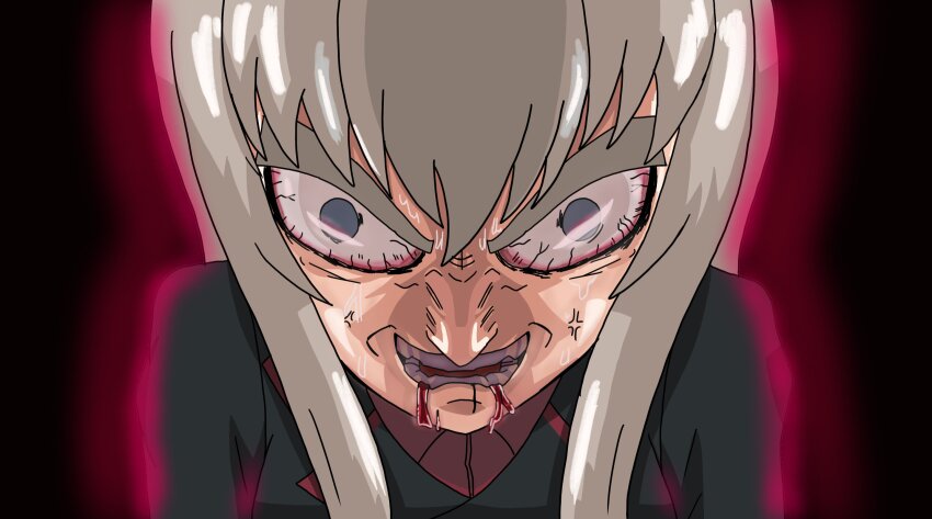 1girl, aura, black_background, black_jacket, blood, blood_on_face, bloodshot_eyes, blue_eyes, close-up, dark_aura, dragon_ball, dragonball_z, girls_und_panzer, grey_hair, gupfanprojekt, highres, itsumi_erika, jacket, kuromorimine_military_uniform, long_hair, looking_at_viewer, meme, military, military_jacket, military_uniform, open_mouth, red_shirt, shirt, simple_background, solo, solo_focus, teeth, then_something_just_snapped_something_inside_of_me_(meme), upper_body, vegeta