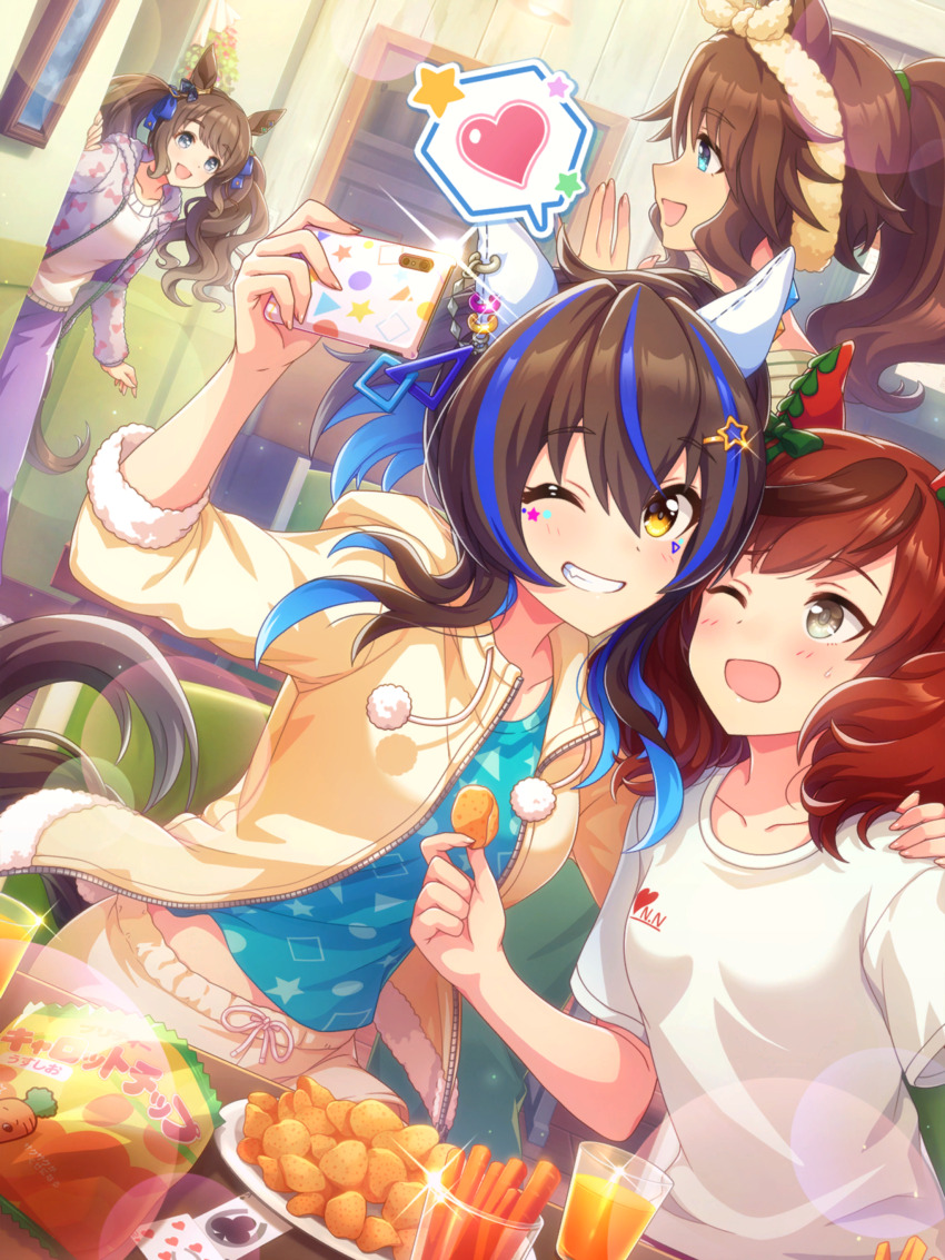 4girls, absurdres, ace_(playing_card), ace_of_clubs, animal_ear_piercing, aqua_eyes, aqua_shirt, arm_around_neck