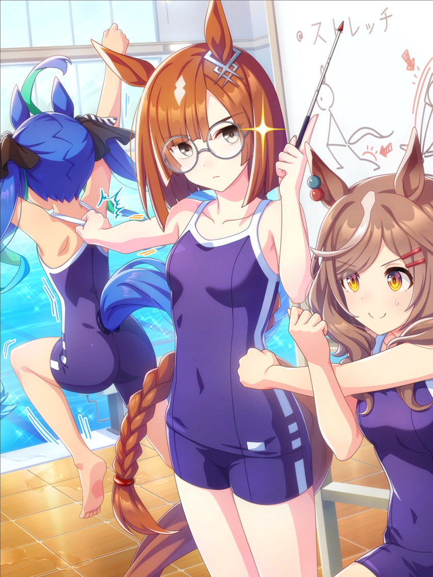 3girls, ^^^, absurdres, ahoge, animal_ear_piercing, animal_ears, aqua_hair, artist_request