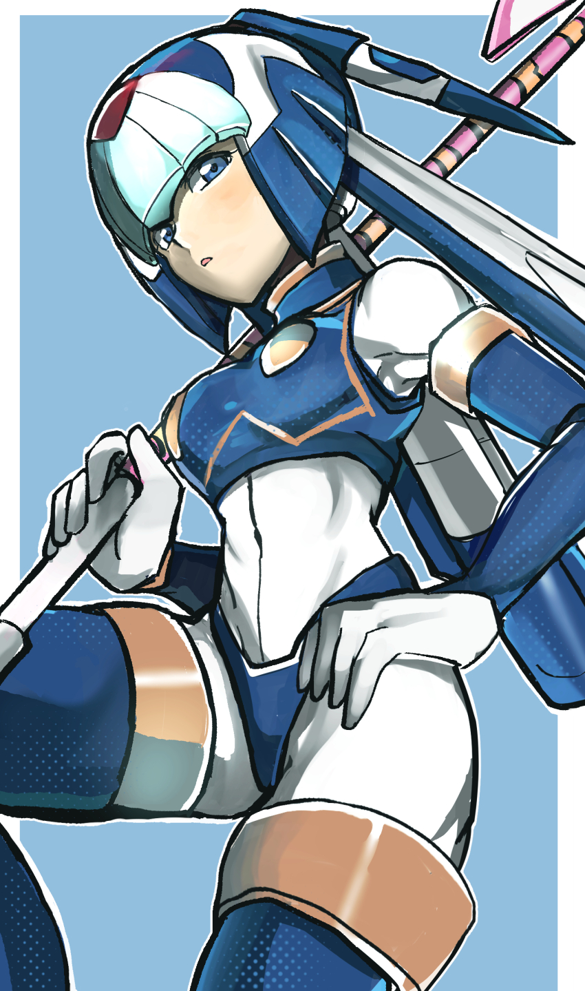 1girl, absurdres, android, armor, armpits, bare_shoulders, blue_armor, blue_background