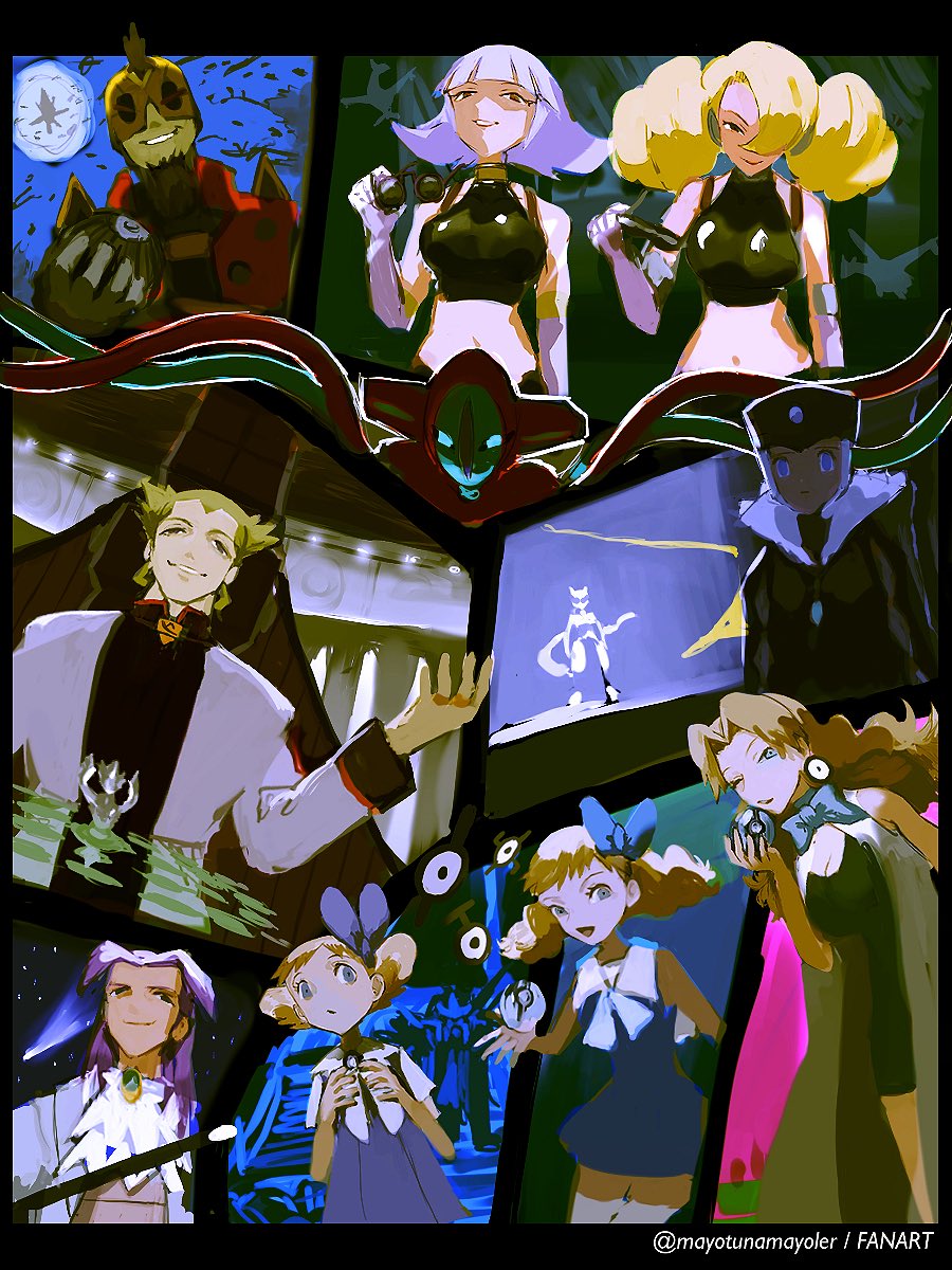 3boys, 4girls, annie_(pokemon), ascot, black_border, blonde_hair, blue_bow, border