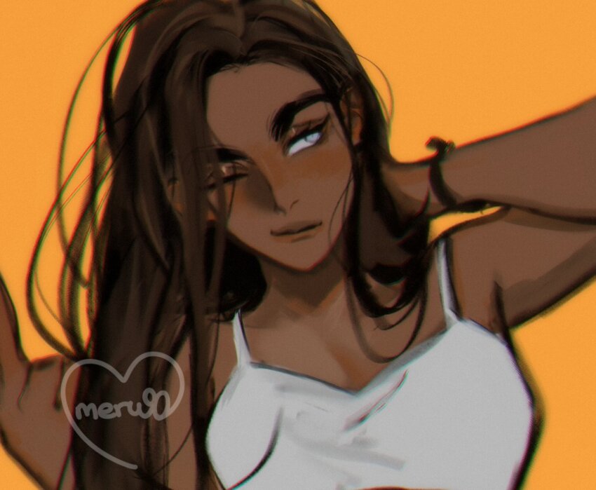 1girl, alien_stage, brown_hair, camisole, commentary, dark-skinned_female, dark_skin, english_commentary