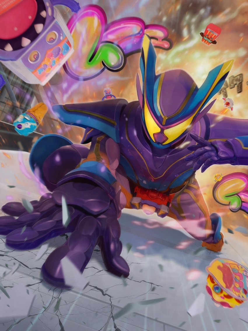 1boy, absurdres, crack, cracked_floor, debris, explosion, gochizo, henshin_belt_gavv, highres, kamen_rider, kamen_rider_gavv, kamen_rider_gavv_(series), kamen_rider_gavv_master_mode, male_focus, motion_blur, omochi_mochi_(mcmc_akari), sound_effects, tokusatsu