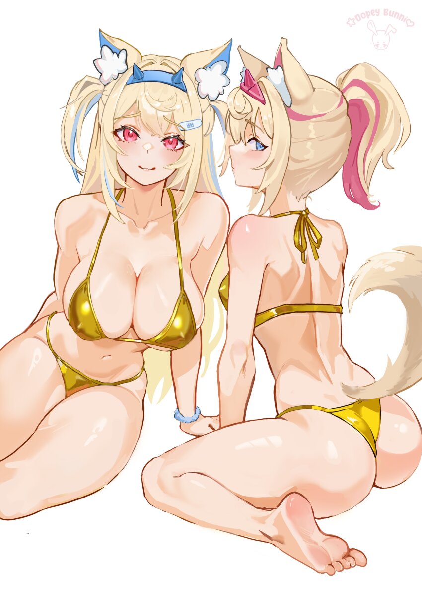2girls, absurdres, animal_ear_fluff, animal_ears, arm_support, ass, bandaid, bandaid_hair_ornament