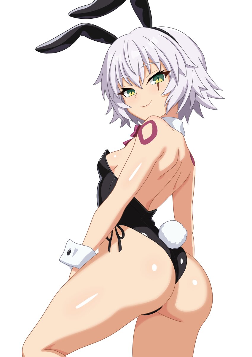 1girl, absurdres, animal_ear_hairband, animal_ears, ass, black_leotard, bow, bowtie, breasts, detached_collar, facial_scar, fake_animal_ears, fake_tail, fate/apocrypha, fate/grand_order, fate_(series), from_behind, green_eyes, hairband, highleg, highleg_leotard, highres, jack_the_ripper_(fate/apocrypha), justcuyo, leotard, looking_at_viewer, looking_back, playboy_bunny, rabbit_ear_hairband, rabbit_ears, rabbit_tail, scar, scar_across_eye, scar_on_cheek, scar_on_face, shiny_skin, short_hair, shoulder_tattoo, simple_background, small_breasts, solo, standing, strapless, strapless_leotard, tail, tattoo, white_background, white_hair, white_wrist_cuffs, wrist_cuffs