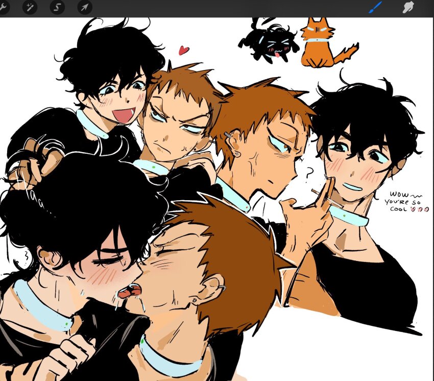 2boys, ?, alien_stage, animalization, arcorclynn, art_program_in_frame, between_fingers, black_eyes, black_hair, black_shirt, brown_eyes, brown_hair, cat, choker, cigarette, closed_eyes, commentary, dog, english_commentary, french_kiss, highres, holding, holding_cigarette, ivan_(alien_stage), kiss, male_focus, multiple_boys, open_mouth, person_and_animalization, prototype_design, shirt, short_hair, smile, till_(alien_stage), very_short_hair, white_choker, yaoi