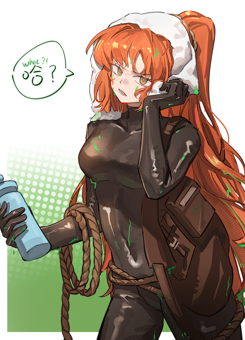 1girl, black_bodysuit, black_wetsuit, bodysuit, bottle, breasts, covered_navel, green_eyes