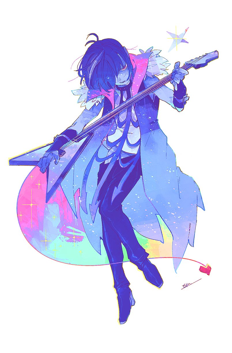 1other, black_pants, black_shoes, blue_coat, blue_hair, blue_skin, coat, colored_skin