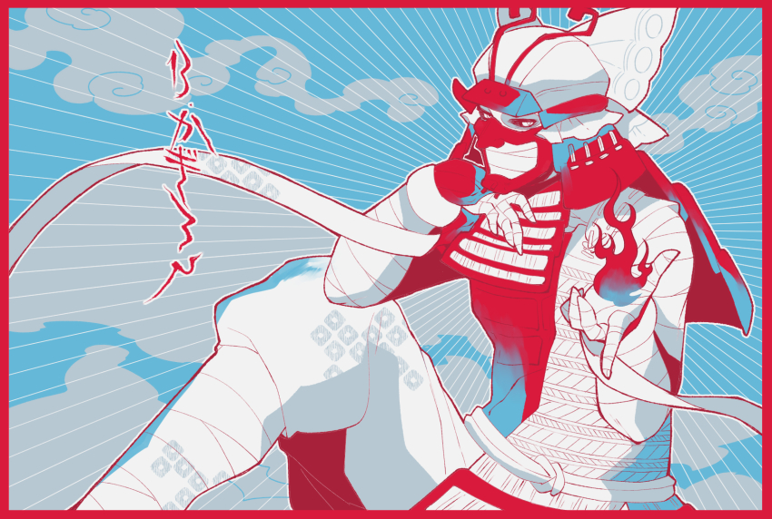 1boy, armor, bandaged_arm, bandaged_hand, bandaged_head, bandages, black_sclera, border