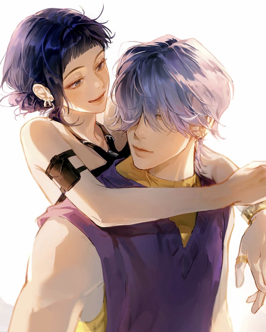 1boy, 1girl, arm_pouch, black_hair, blush, bracelet, commentary_request, dang0_23