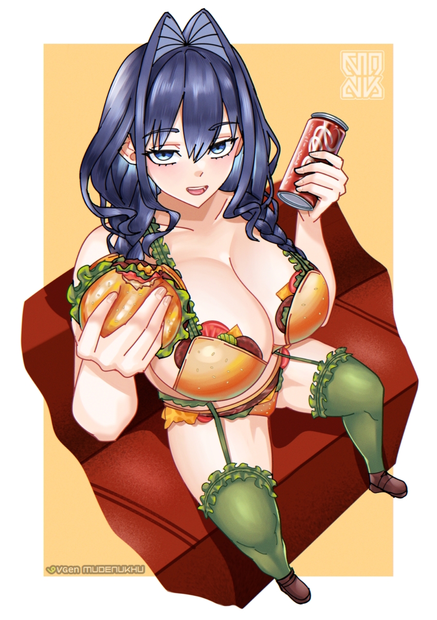 1girl, black_hair, blue_eyes, bra, braid, breasts, burger, burger_print, can, couch, drink_can, food, food-themed_clothes, from_above, green_thighhighs, hair_intakes, hamburger_print, highres, holding, holding_burger, holding_food, hololive, hololive_english, huge_breasts, lingerie, looking_at_viewer, low_twin_braids, muhammaddeny, on_couch, open_mouth, ouro_kronii, panties, sitting, soda_can, solo, thighhighs, twin_braids, underwear, underwear_only, virtual_youtuber