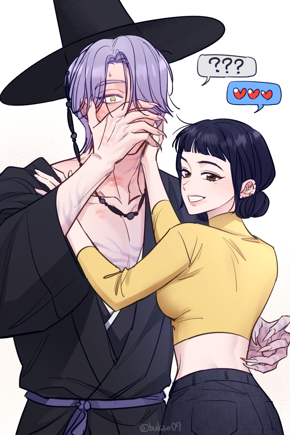 1boy, 1girl, ?, ??, black_hair, body_markings, brown_eyes, bulsso07, commentary_request, covering_own_mouth, crop_top, demon, double_bun, embarrassed, gat_(hat), hair_bun, hair_over_one_eye, hat, heart, highres, korean_commentary, kpop_demon_hunters, lipstick_mark, long_sleeves, looking_back, mystery_(kpop_demon_hunters), sidelocks, simple_background, smile, sweatdrop, twitter_username, white_background, yellow_eyes, zoey_(kpop_demon_hunters)