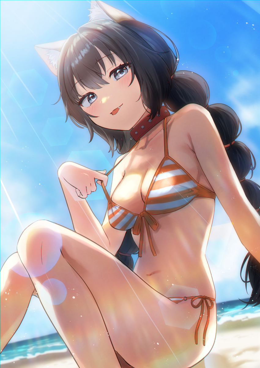 1girl, absurdres, animal_ears, bare_arms, bare_legs, beach, bikini, black_hair