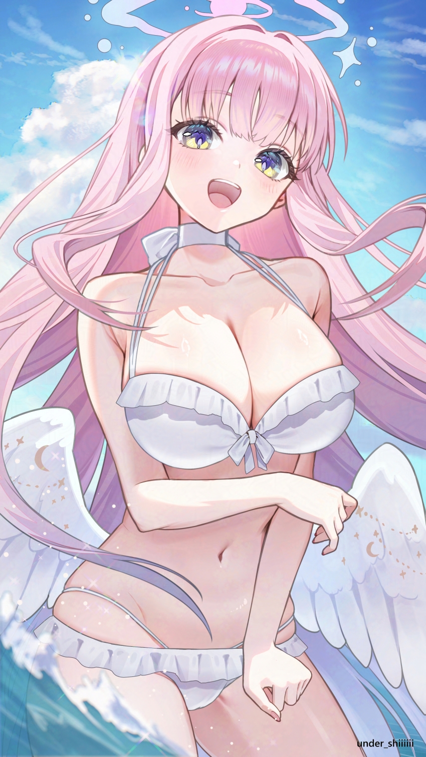 1girl, absurdres, angel_wings, bikini, blue_archive, choker, feathered_wings, frilled_bikini