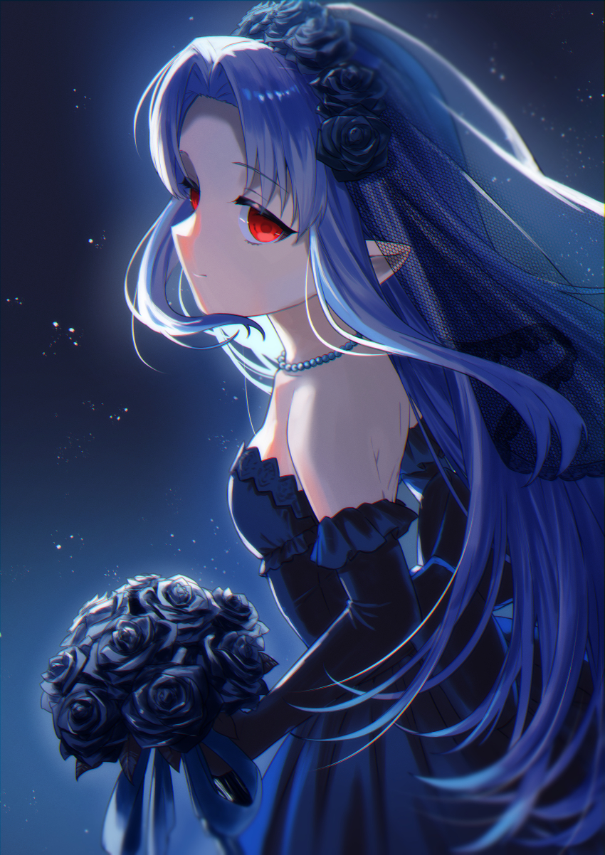 1girl, absurdres, bead_necklace, beads, black_dress, black_flower, black_gloves, black_rose