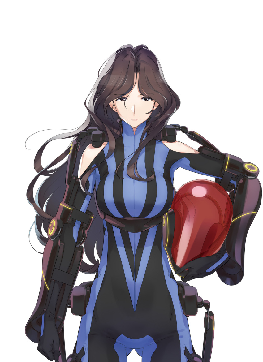 1girl, bare_shoulders, blue_bodysuit, bodysuit, breasts, brown_eyes, brown_hair, clenched_hand