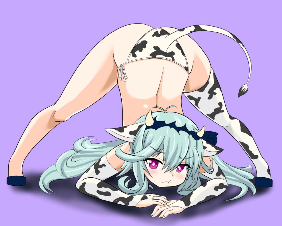 1girl, animal_print, aqua_hair, ass, bikini, chaos_aurora_(grimms_notes), cow_print, cow_print_bikini