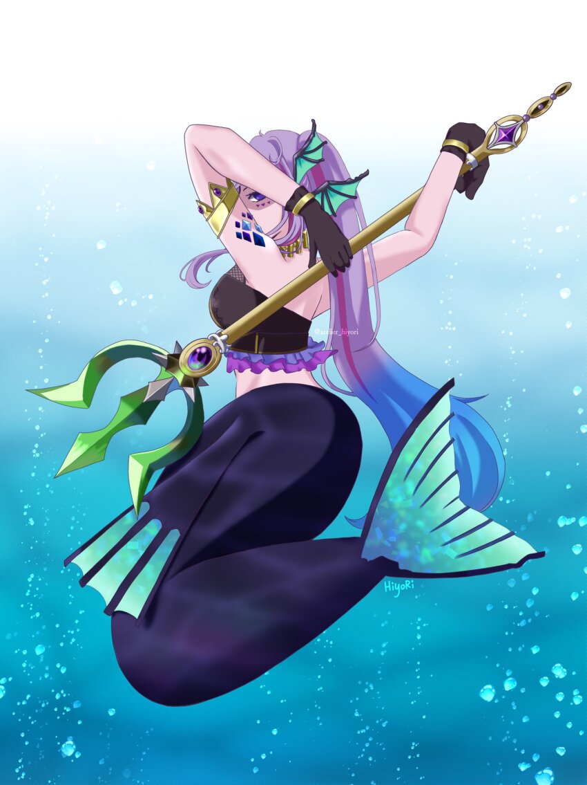 1girl, atelier_hiyori, back, breasts, chaos_siren_(grimms_notes), full_body, grimms_notes, highres, holding, holding_polearm, holding_weapon, long_hair, mermaid, monster_girl, multicolored_hair, polearm, ponytail, purple_eyes, purple_hair, sideboob, solo, trident, two-tone_hair, weapon