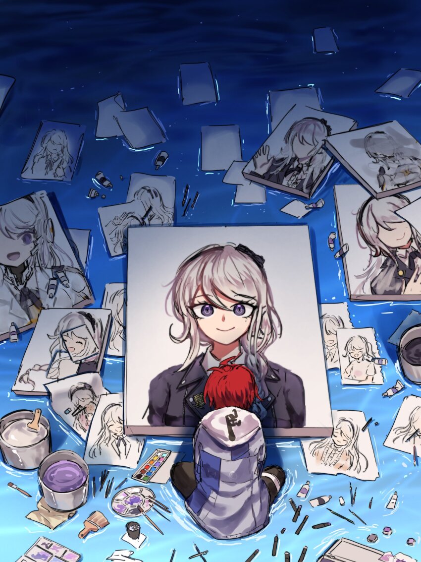 1boy, ahoge, black_hairband, black_jacket, black_pants, blossemku, blue_jacket, braid, bucket, collared_shirt, commentary, drawing_(object), english_commentary, grey_hair, grey_jacket, hairband, highres, hood, hoodie, jacket, jacket_over_hoodie, kashimiya_karua, kirifuji_nozomi, long_hair, male_focus, multicolored_jacket, paint, paint_palette, paint_tube, paintbrush, painting_(object), pants, paper, purple_eyes, red_hair, shirt, short_hair, sitting, smile, sumino_takumi, the_hundred_line_-last_defense_academy-, two-tone_jacket, water, white_hoodie, white_shirt