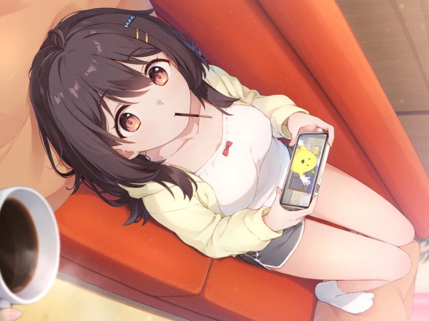 1girl, 1other, ankle_socks, black_hair, bow_camisole, breasts, brown_eyes, camisole, cardigan, cellphone, coffee, coffee_mug, cohiyuri, collarbone, commentary_request, couch, cup, dolphin_shorts, dutch_angle, film_grain, food, food_in_mouth, from_above, grey_shorts, hair_between_eyes, hair_ornament, hairclip, hibi_wa_sugiredo_meshi_umashi, holding, holding_phone, hood, hooded_cardigan, indoors, kawai_mako, knees_up, light_blush, long_bangs, long_hair, looking_at_viewer, looking_up, lying, medium_breasts, mug, no_shoes, on_back, on_couch, open_cardigan, open_clothes, phone, pillow, pocky, pocky_in_mouth, pov, short_shorts, shorts, smartphone, socks, steaming_cup, white_camisole, white_socks, yellow_cardigan