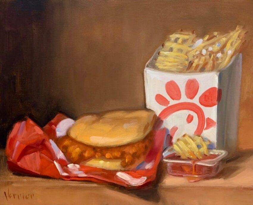 artist_name, burger, chick-fil-a, chicken_(food), chicken_sandwich, commentary, english_commentary, food, ketchup, no_humans, noah_verrier, oil_painting_(medium), painting_(medium), still_life, traditional_media, waffle_fries
