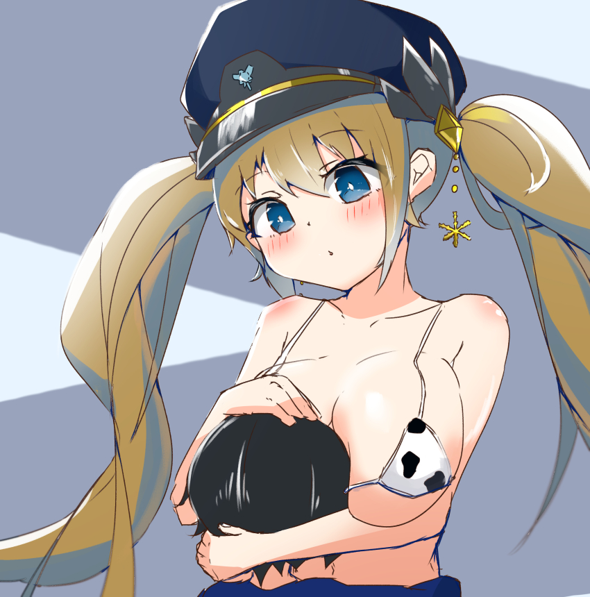 1girl, absurdres, animal_print, bad_id, bad_pixiv_id, between_breasts, bikini, blush, breast_smother, breasts, chaos_gerda_(gakuen)_(grimms_notes), chaos_gerda_(grimms_notes), cow_print, cow_print_bikini, face_to_breasts, grimms_notes, grimms_notes_gakuen, head_between_breasts, highres, kiniro_wolf, large_breasts, print_bikini, solo, swimsuit, upper_body