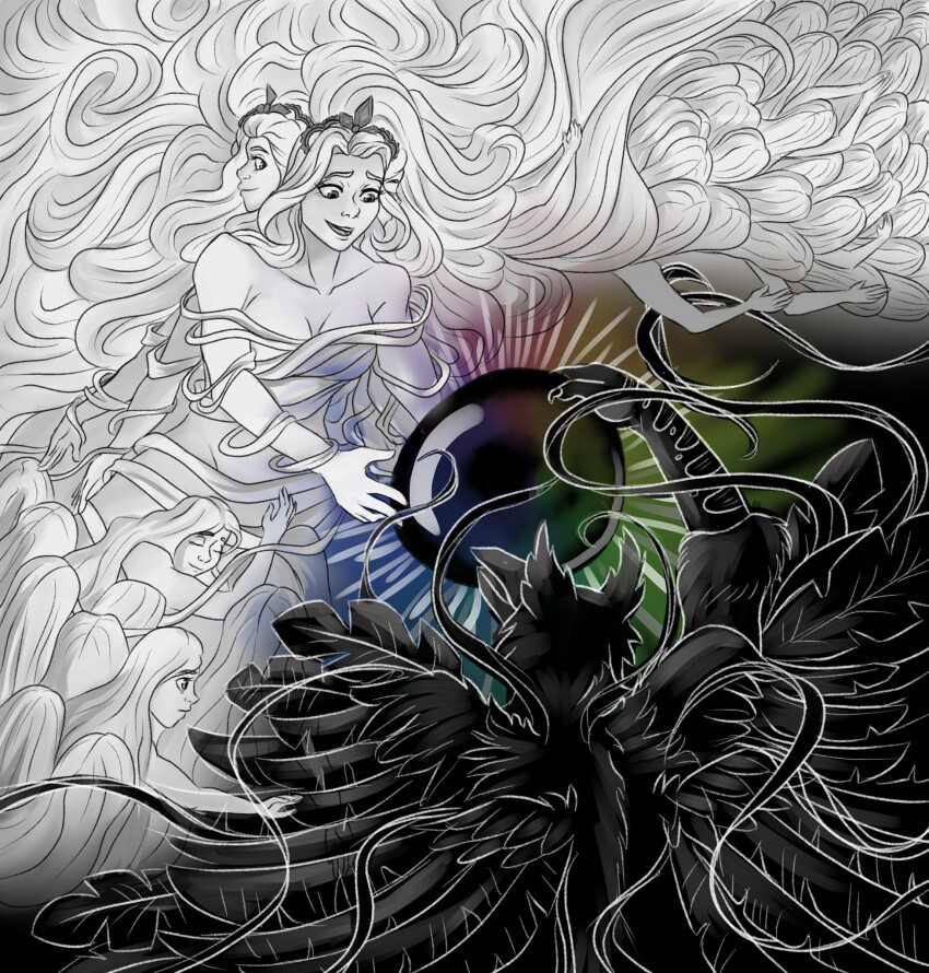 1boy, 1girl, breasts, chronicallycraftingart, cleavage, commission, extra_arms, feathers