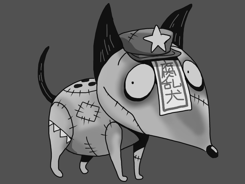 animal_focus, commentary_request, dog, frankenweenie, fusion, greyscale, hat_ornament, looking_at_viewer
